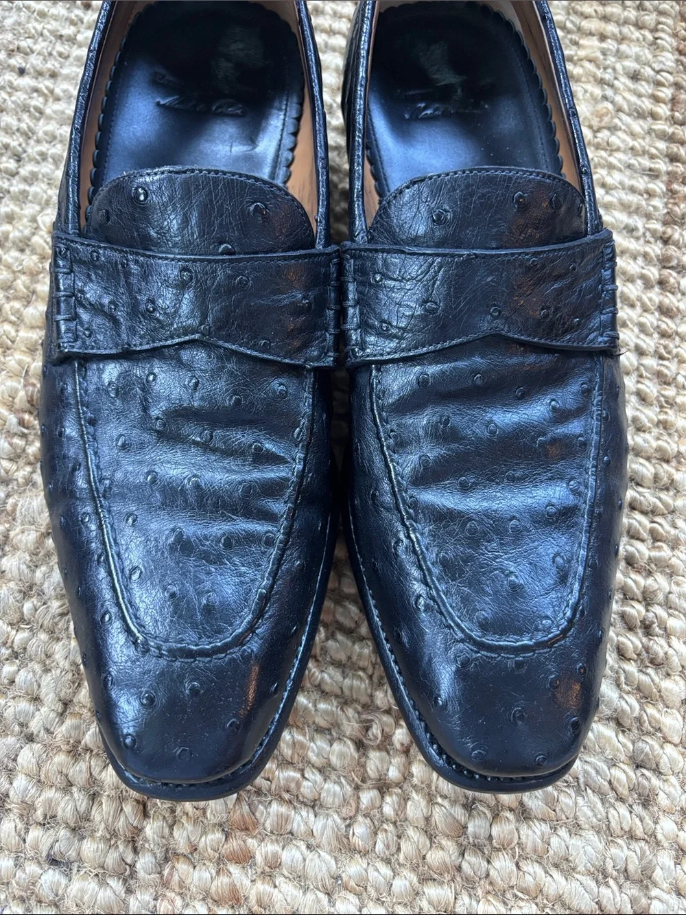 Ermenegildo Zegna Black Men’s Ostrich Leather Penny Loafers
